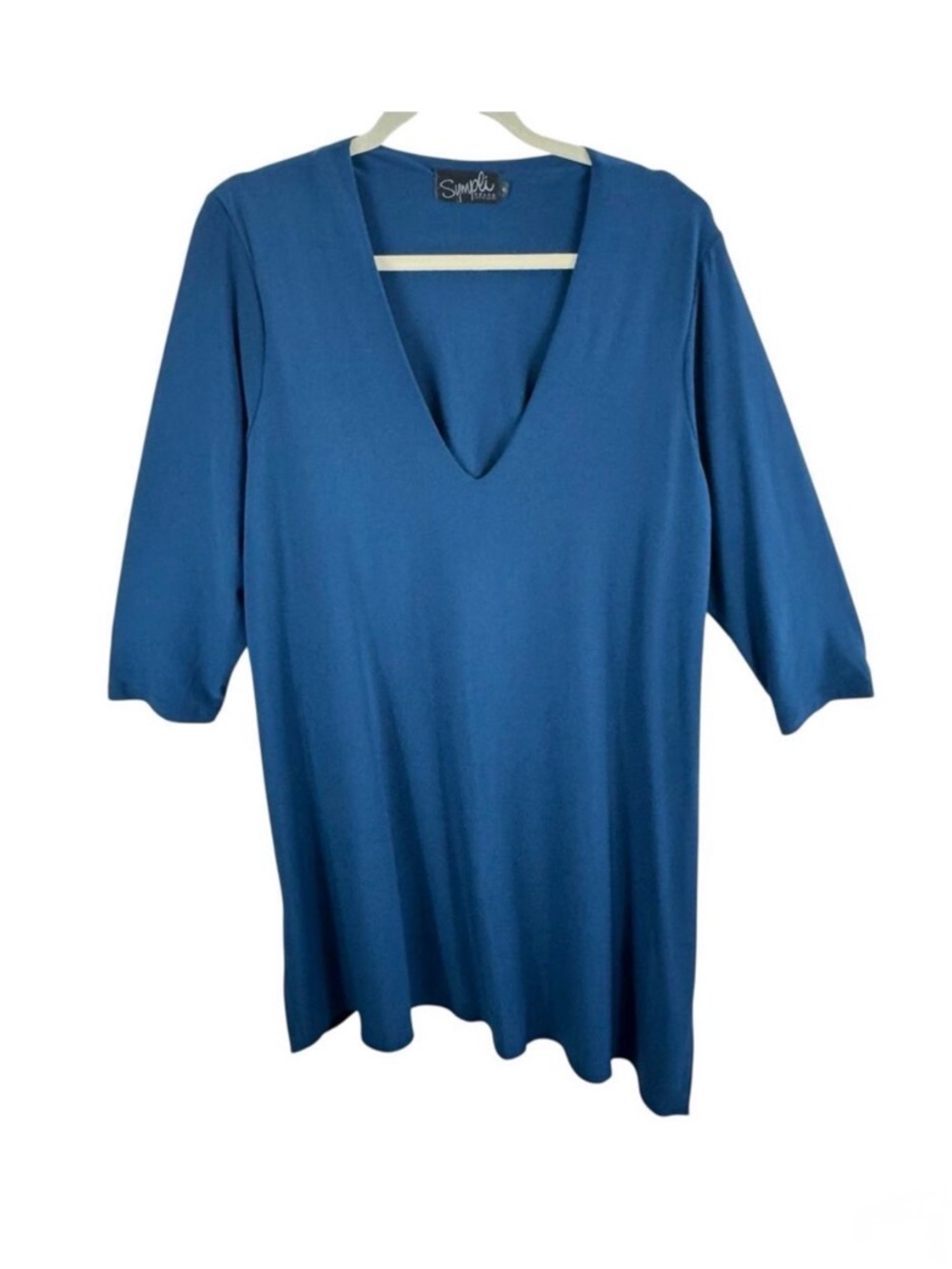 Sympli Grand Teal V-Neck 3/4 Sleeve Asymmetric Wrinkle Resistant Midi Dress OG‎